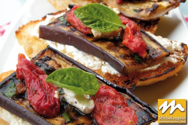 Bread Crostini with Eggplant, Tomato Sauce and Ricotta