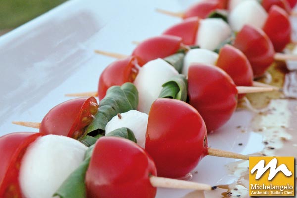 Skewers of Mozzarella, Cherry Tomatoes and Fresh Basil